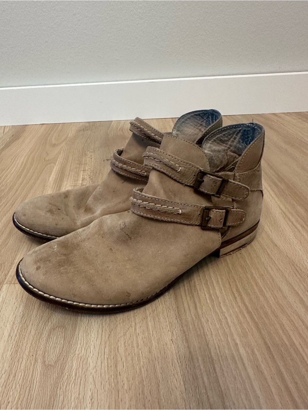 Free People Double-Buckle Suede Ankle Boots in Tan